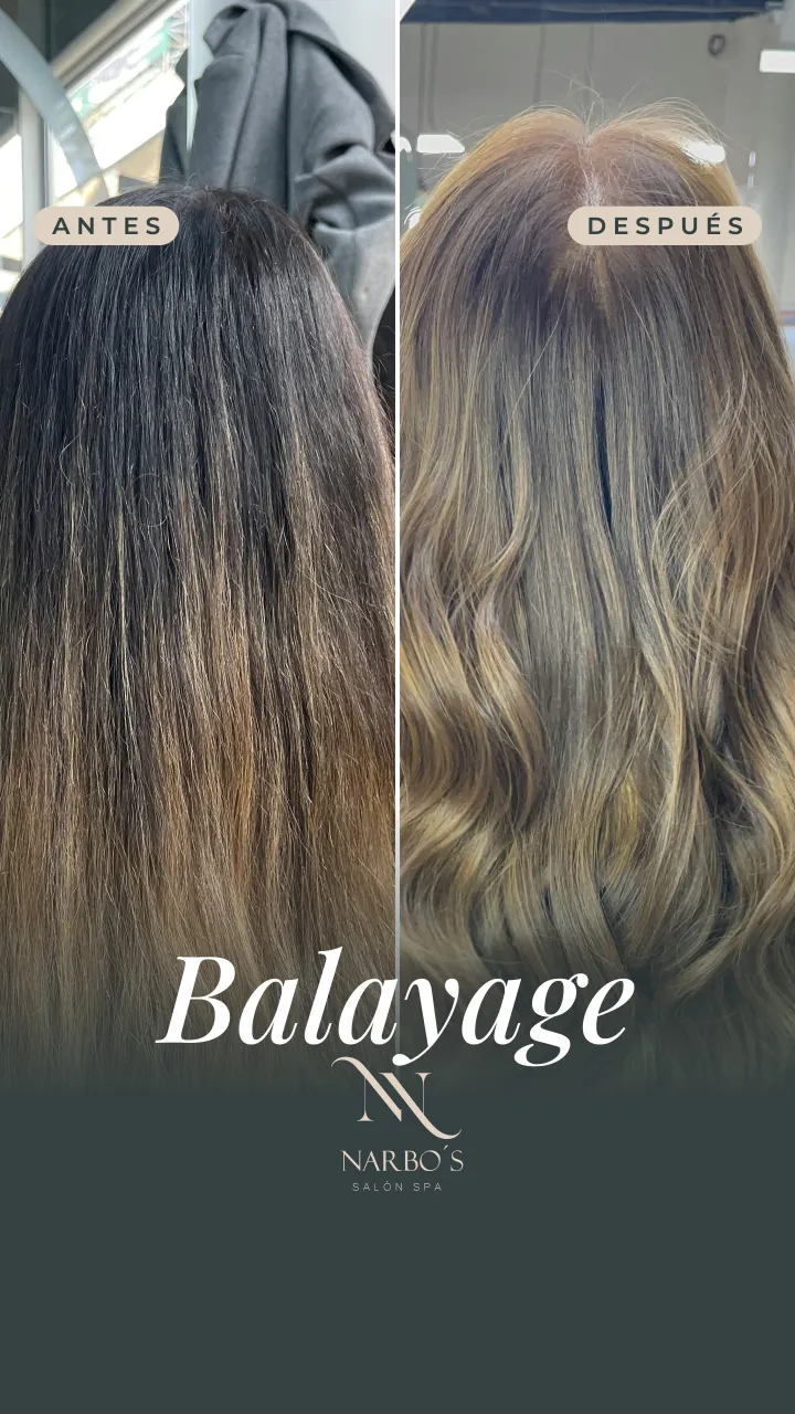 Antes y después de un balayage castaño con ondas realizado en Narbo's Salón Spa Chía